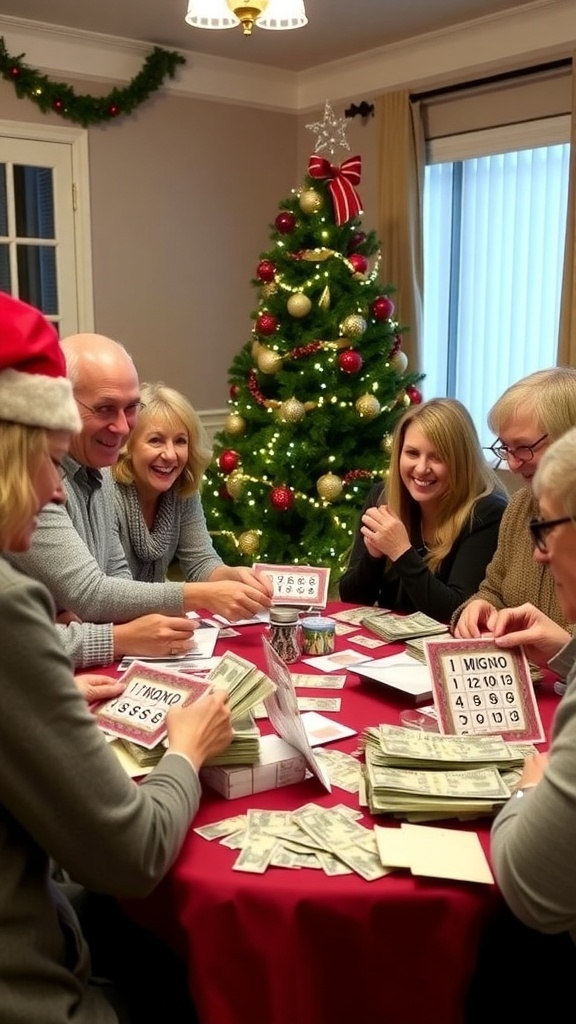 Guests enjoying Christmas money games at a holiday party with decorations and cash prizes.